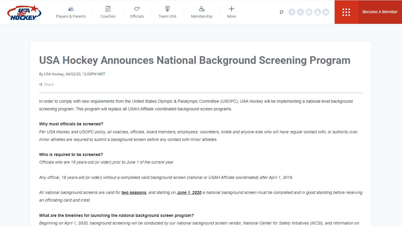 USA Hockey Announces National Background Screening Program